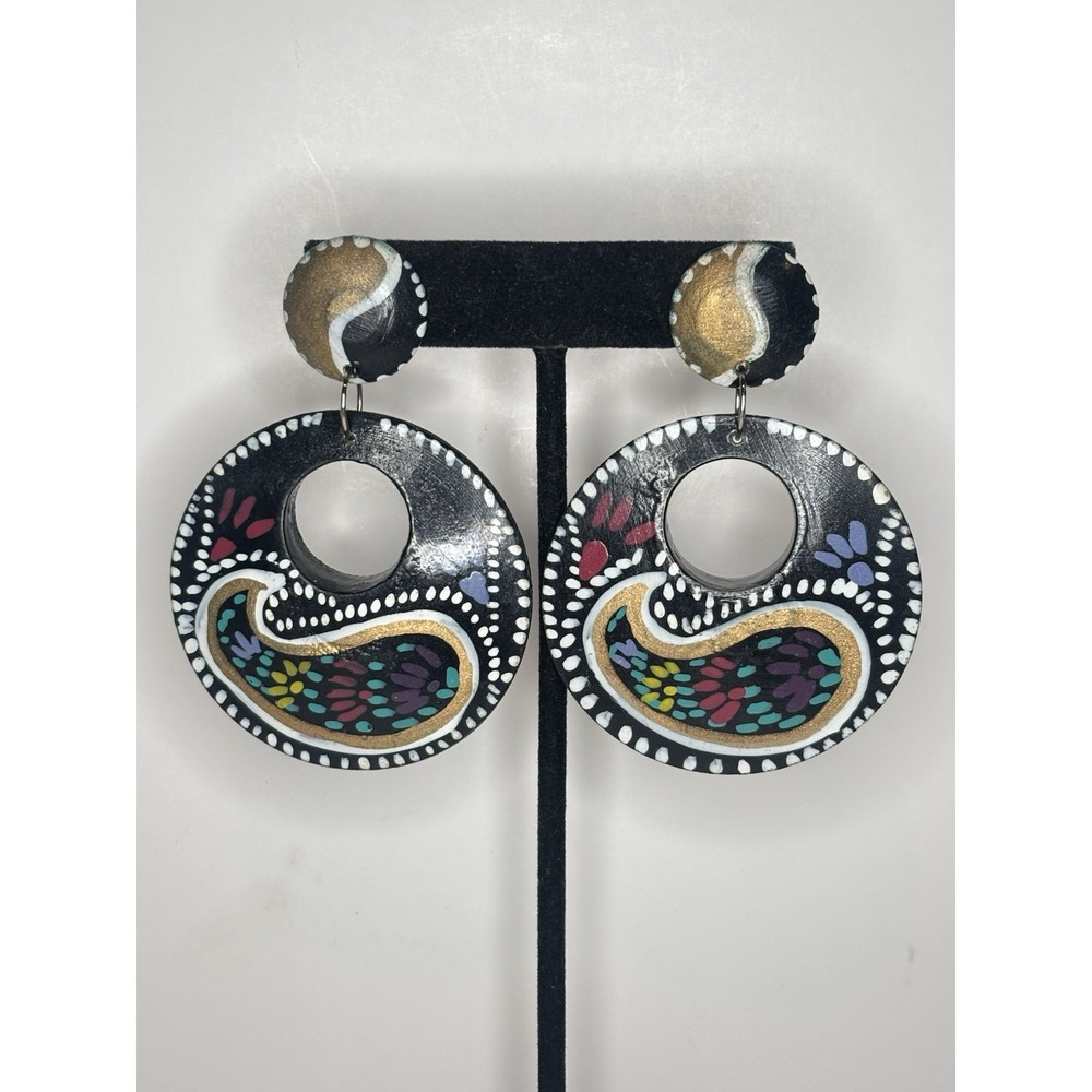 Vintage Hand Painted Wood Paisley Dangle Earrings Boho Folk Art Statement